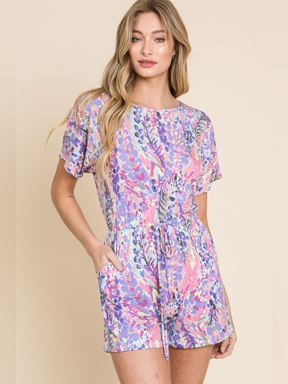 BOMBOM Print Short Sleeve Romper with Pockets